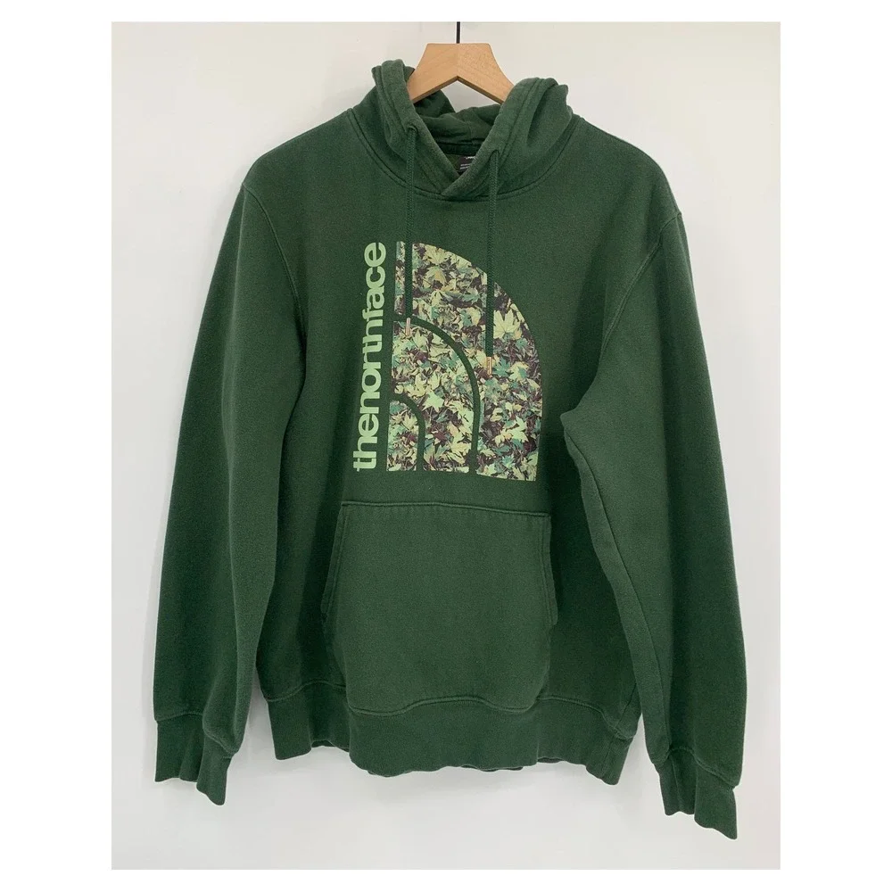 North Face Hoodie Mens Large Green Camo Logo Pullover Fleece Sweatshirt